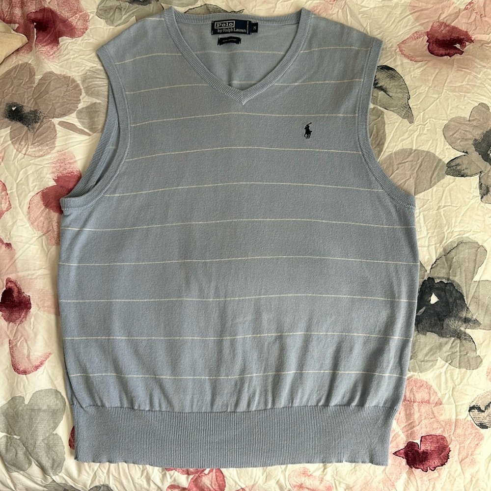 Polo Ralph Lauren 100% Cotton V Neck Sleeveless Striped Sweater Vest Baby Blue